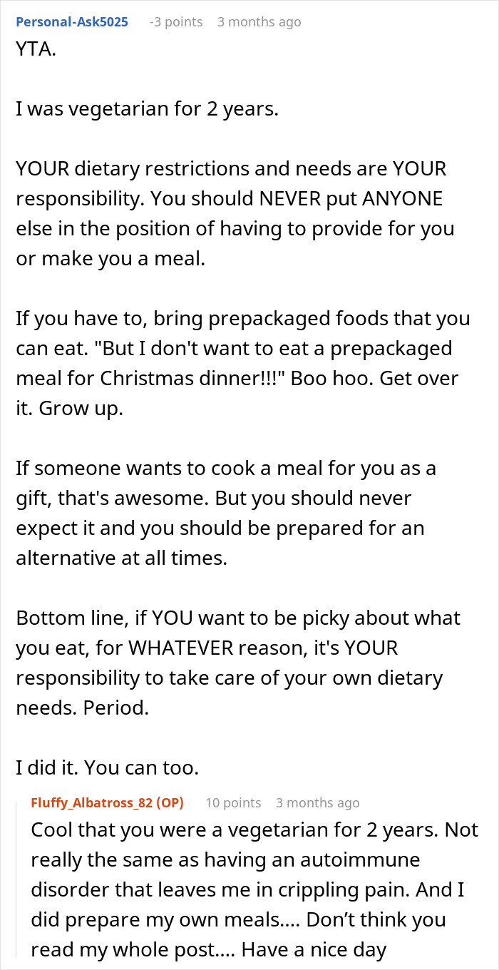 Reddit comments discussing responsibility and challenges of dietary restrictions in gluten-free family vacation exclusion. Reddit comments discussing responsibility and challenges of dietary restrictions in gluten-free family vacation exclusion.