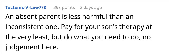 Comment about absent parent and paying for son's therapy, reflecting on challenges of a tired mom with cheating husband and unwanted child.