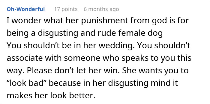 Comment criticizing a bride who thinks cousin&rsquo;s alopecia is punishment from God and bans her from wearing a headscarf.