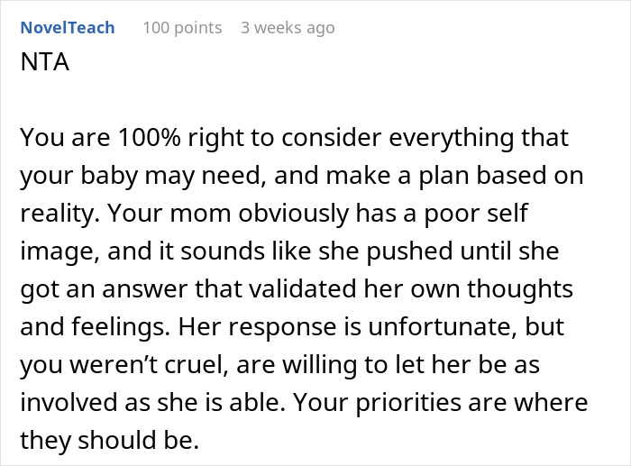 Comment discussing a woman refusing her obese mom to babysit her newborn, addressing concerns of fat shaming and self-image.