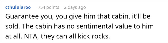 Comment discussing a woman refusing to give away her dad&rsquo;s cabin to her struggling stepbrother, sparking family conflict.