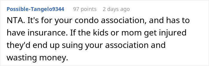 Screenshot of a Reddit comment discussing condo association rules and non-resident family pool access concerns.