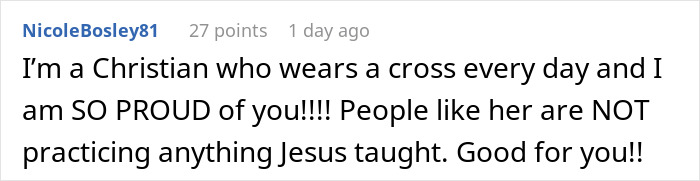 Comment from user NicoleBosley81 supporting Christian faith and criticizing others' behavior regarding religious symbols in HR rules discussion. Comment from user NicoleBosley81 supporting Christian faith and criticizing others' behavior regarding religious symbols in HR rules discussion.