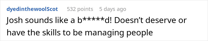 Screenshot of a forum comment criticizing a boss, related to an employee showing up in full suit to spite him.