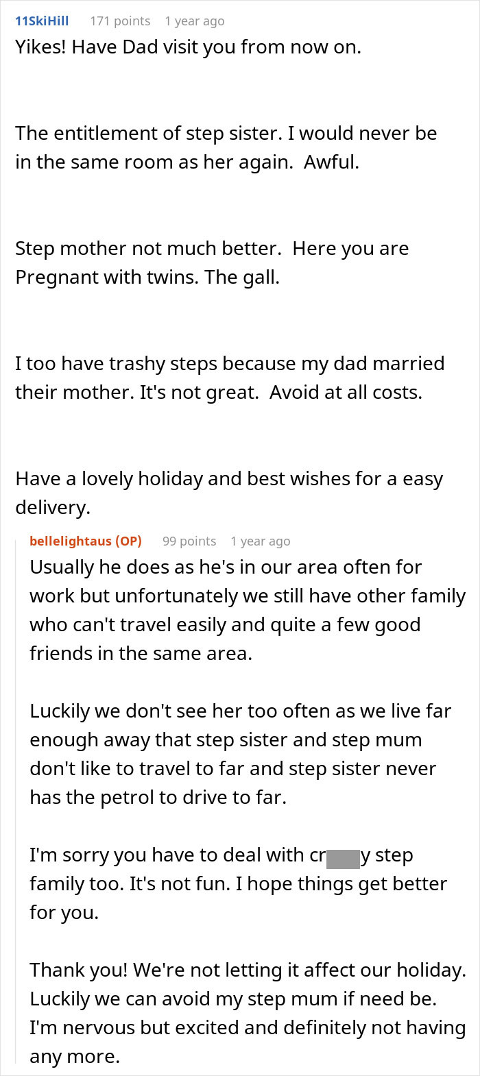 Screenshot of an online discussion about woman refusing babysit step sister&rsquo;s kids, causing family drama.
