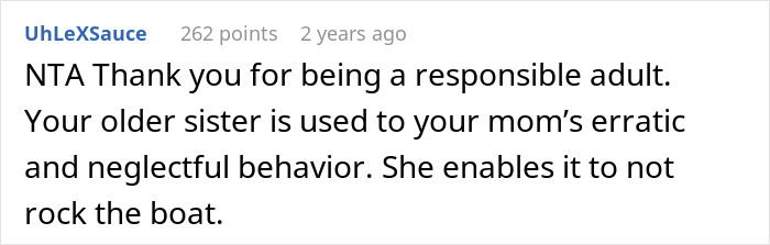 Screenshot of a Reddit comment praising a man for responsibly calling CPS after mom left his little sisters alone.