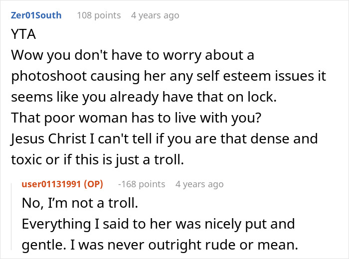 Reddit comment discussing a guy refusing a spicy photoshoot for his wife due to her 12 extra pounds after pregnancy. Reddit comment discussing a guy refusing a spicy photoshoot for his wife due to her 12 extra pounds after pregnancy.