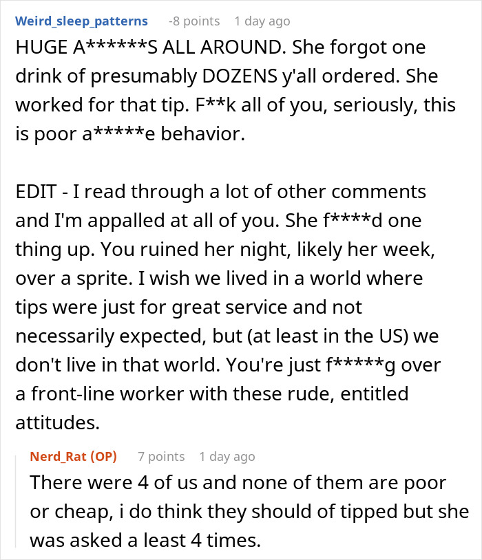 Screenshot of an online discussion debating not tipping a waitress on a 300 plus dollar tab and service expectations. Screenshot of an online discussion debating not tipping a waitress on a 300 plus dollar tab and service expectations.