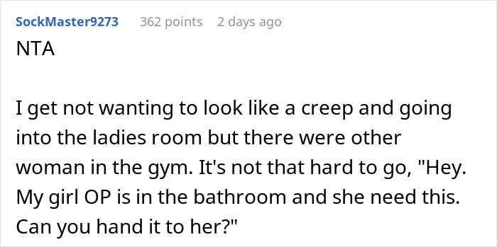Reddit comment discussing refusal to hand over period pad and tissues during a tense gym situation. Reddit comment discussing refusal to hand over period pad and tissues during a tense gym situation.