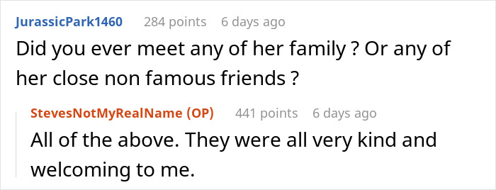 Screenshot of a Reddit conversation where a user shares experiences about dating a famous actress and meeting her family.
