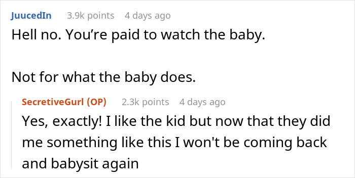 Comments discussing payment disputes with a babysitter after the baby falls asleep during the sitting.