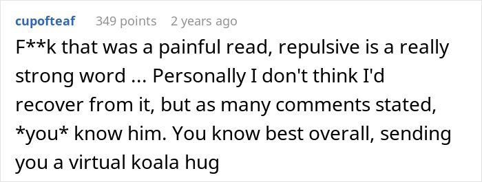 Screenshot of an online comment discussing the man's use of the word repulsive about his wife on their first date.