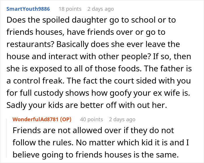Comment conversation on custody and kids&rsquo; diet control from a father refusing to change kids&rsquo; diet for new husband&rsquo;s rules.