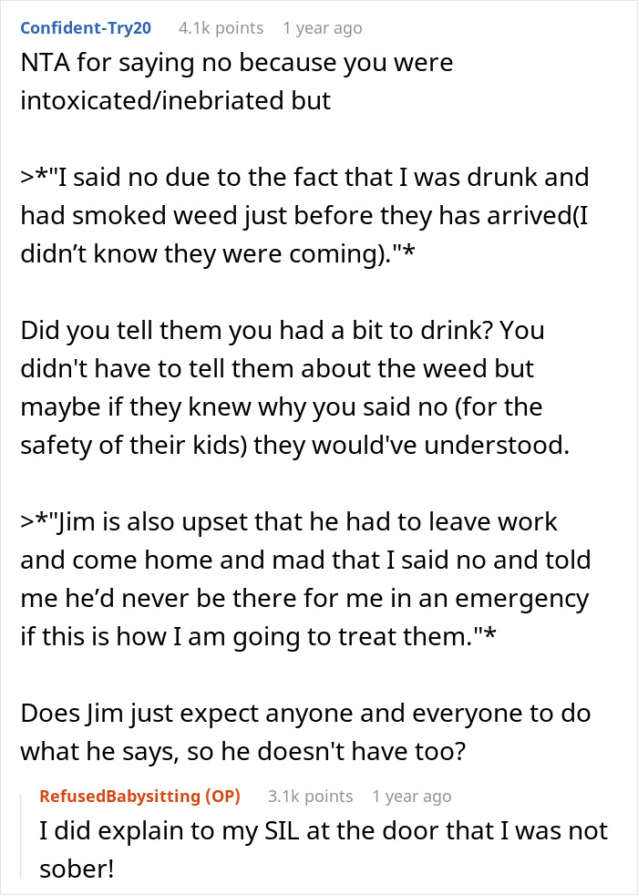 Comment discussion about a guy refusing to watch kids during an emergency due to being under the influence, causing family conflict. Comment discussion about a guy refusing to watch kids during an emergency due to being under the influence, causing family conflict.