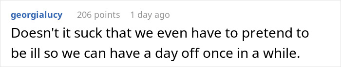 Screenshot of a social media comment about pretending to be sick for a day off during a bottomless mimosa brunch.