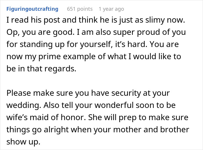 Reddit comment praising OP for standing up to parents and handling a brother's wedding conflict involving a homewrecker.