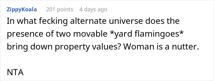 Screenshot of a social media comment debating the impact of yard flamingos on property values in a neighborhood dispute.