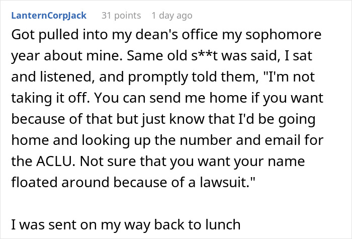 Text of online comment about a woman using HR’s rule on religious symbols to challenge authority, threatening legal action. Text of online comment about a woman using HR’s rule on religious symbols to challenge authority, threatening legal action.