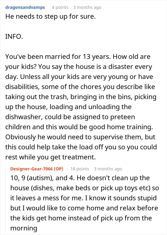 Alt text: Online discussion about a woman with cancer asking husband for help with chores and his lack of support.