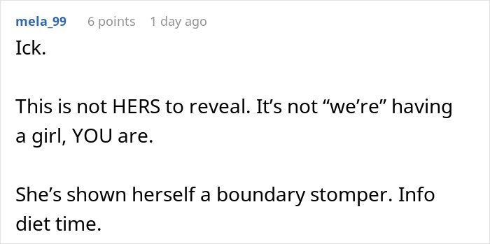 Screenshot of a Reddit comment criticizing a mom stealing daughter&rsquo;s pregnancy announcement to avoid a gender reveal party.