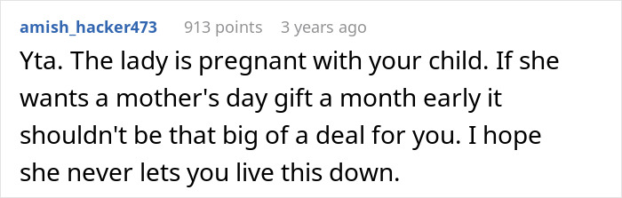 Screenshot of a Reddit comment discussing a man who doesn&rsquo;t consider his pregnant wife a mom and refuses a Mother&rsquo;s Day gift.