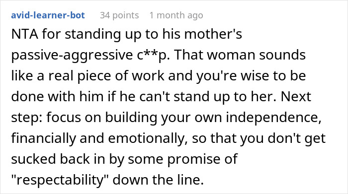 User comment discussing standing up to mother-in-law, calling her passive-aggressive and a gold digger housewife.
