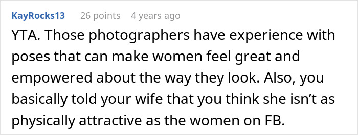 Comment on Reddit discussing a guy refusing a spicy photoshoot due to his wife's extra pounds after pregnancy. Comment on Reddit discussing a guy refusing a spicy photoshoot due to his wife's extra pounds after pregnancy.
