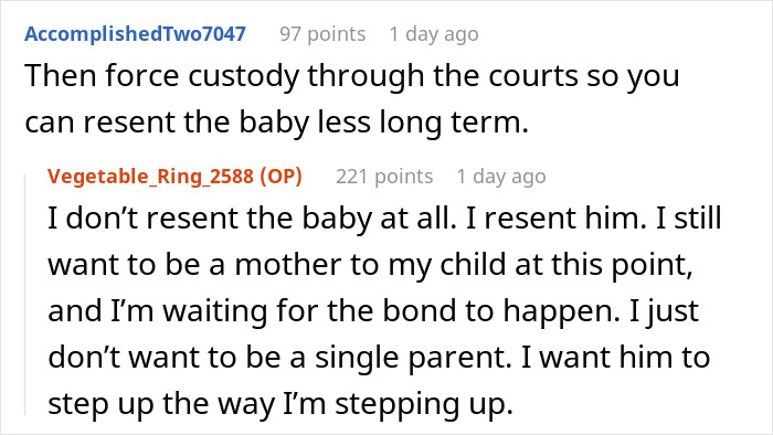 Reddit conversation about dropping baby off on ex-husband and demanding shared custody every other week.