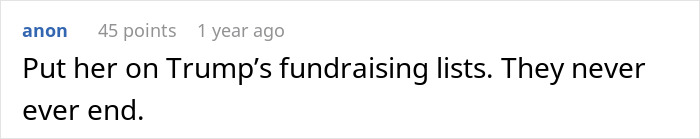 Screenshot of an online comment saying put her on Trump&rsquo;s fundraising lists, related to horrible stepmom left furious and blocked.