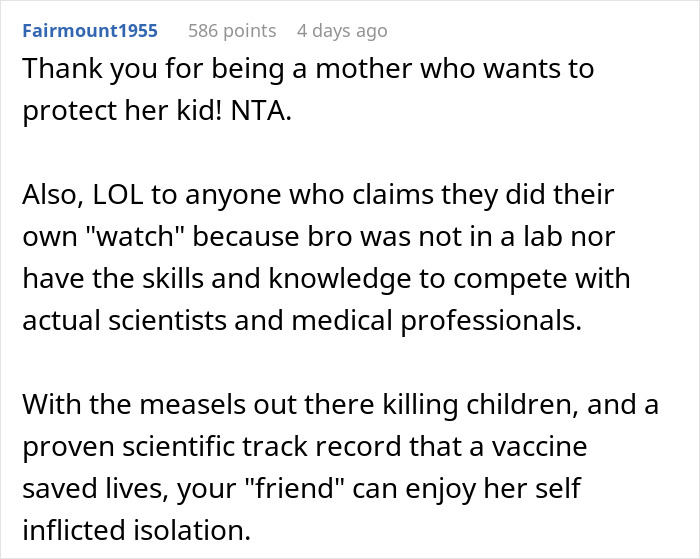 Comment section text discussing consequences faced by a pregnant anti-vaxxer as a friend avoids future playdates.