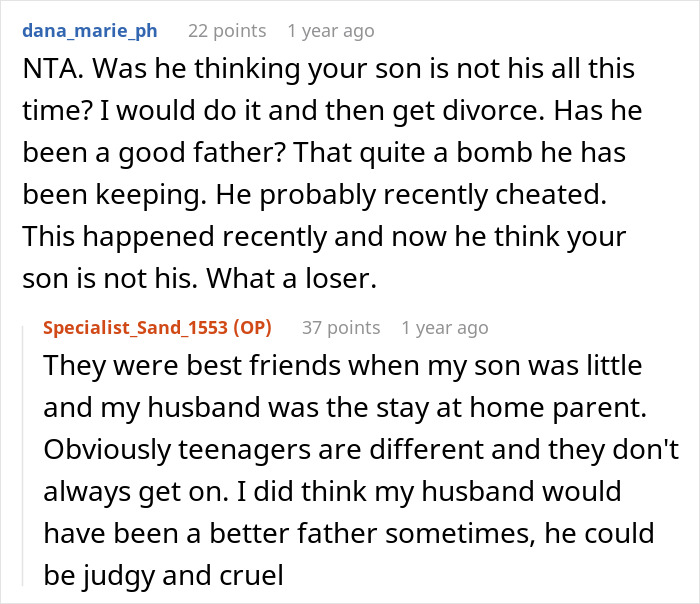 Screenshot of an online discussion about a woman wanting to end her 24-year marriage after a paternity test demand. Screenshot of an online discussion about a woman wanting to end her 24-year marriage after a paternity test demand.