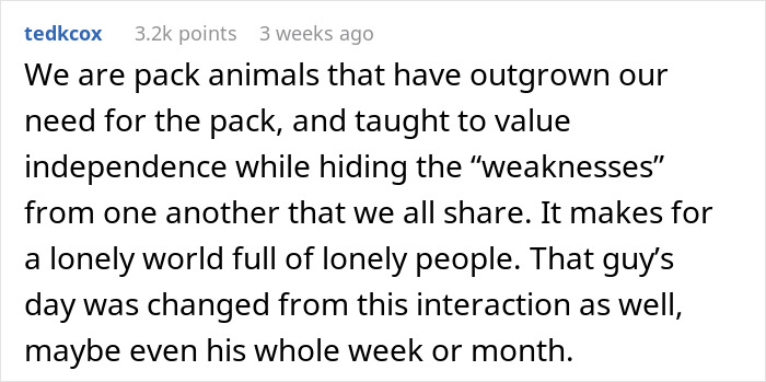 Screenshot of a social media comment reflecting on a small act of kindness leading to an unexpected conversation on the bus.