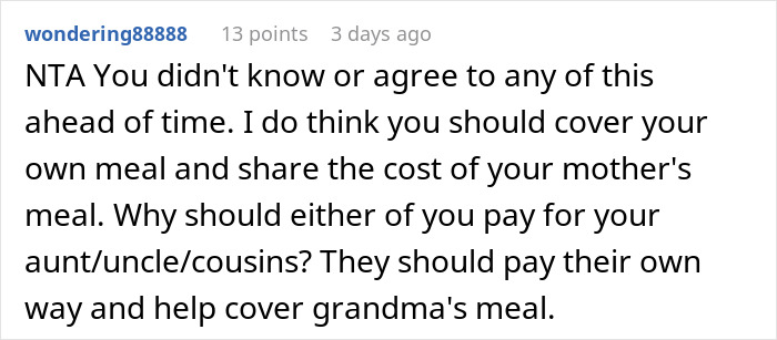 Comment discussing refusal to pay after finding out they were treating the table, emphasizing fairness in meal cost sharing.