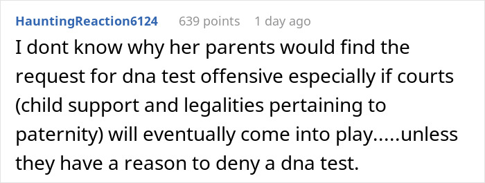 Comment discussing parents' reaction to DNA test requests related to teen son getting girlfriend pregnant on purpose.
