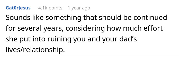 Comment on a forum post expressing support for taking action against a horrible stepmom who caused harm to a family relationship.