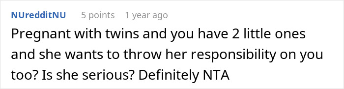 Comment about refusing to babysit step sister&rsquo;s kids causing family drama in an online discussion thread.