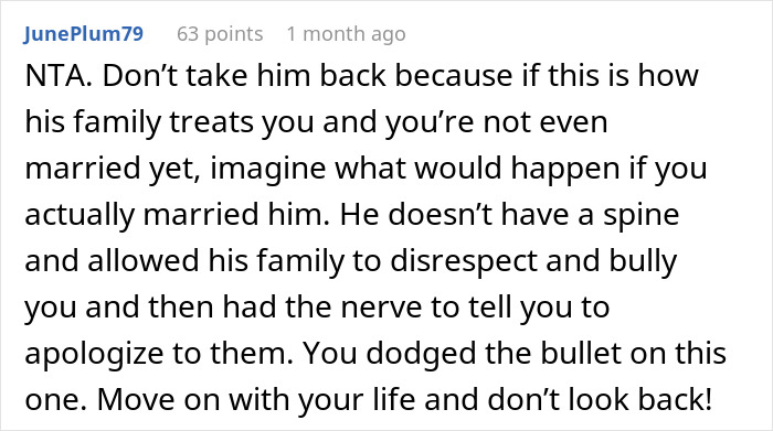 Screenshot of online comment advising a woman to avoid toxic family drama involving a gold digger mother-in-law and focus on her own life.