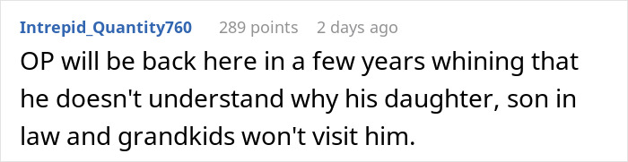 Comment discussing a guy prioritizing his miniature wargaming studio over his daughter and her fianc&eacute;, causing family tension.