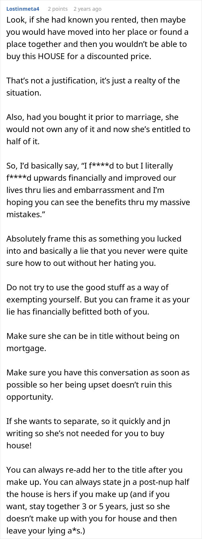 Text screenshot of an online forum discussion about a husband&rsquo;s financial lie and advice on how to come clean after 10 years.