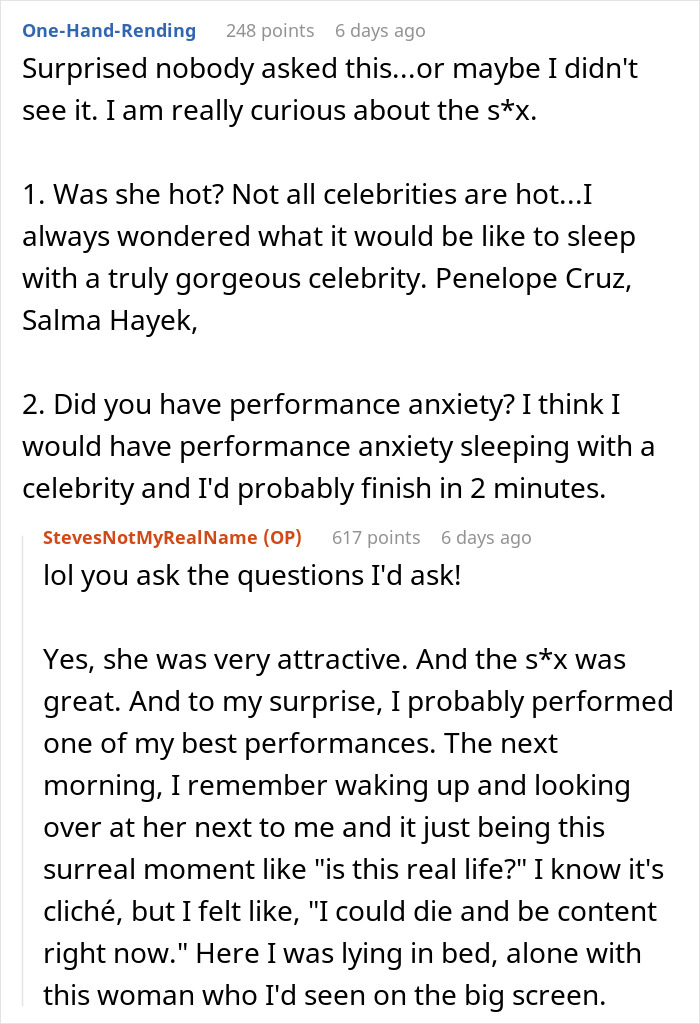 Man shares candid Reddit comments discussing what it was like to date a famous actress for over a year.
