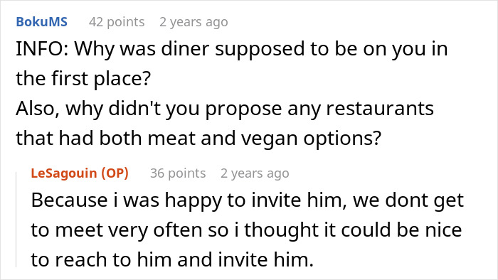 Screenshot of Reddit conversation discussing a friend laughing off vegan&rsquo;s warning about paying only for his food.