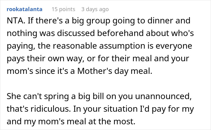 Comment explaining refusal to pay after unexpectedly treating the table during a group dinner.