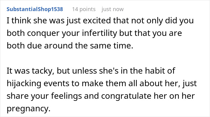 Screenshot of an online comment discussing a woman hosting a baby shower after fertility struggles and a best friend’s pregnancy. Screenshot of an online comment discussing a woman hosting a baby shower after fertility struggles and a best friend’s pregnancy.