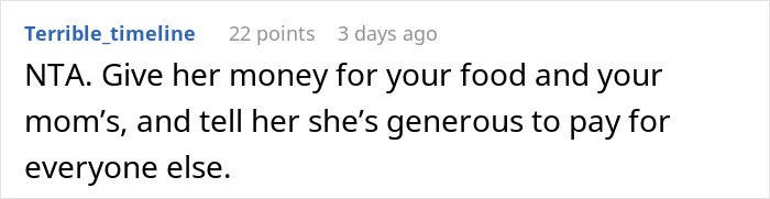 Screenshot of an online comment about a person refusing to pay after finding out they are treating the table at dinner.