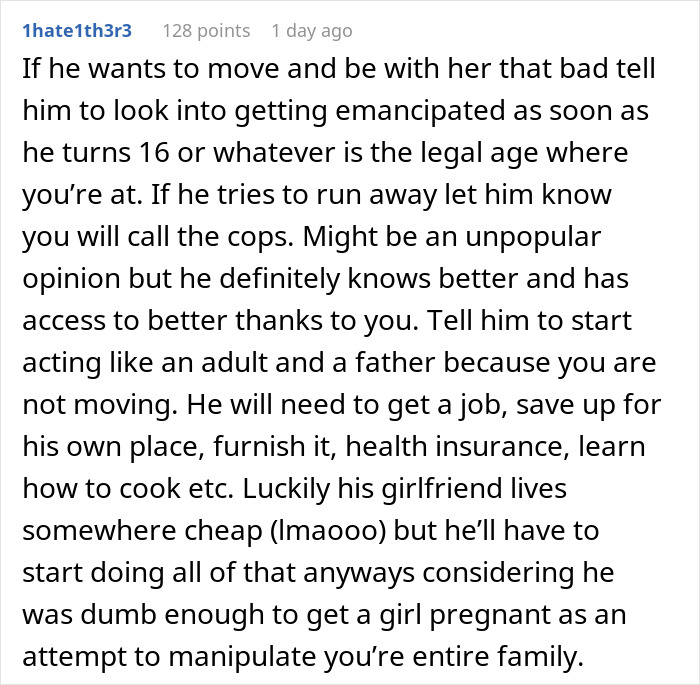 Comment discussing a teen son who got his girlfriend pregnant on purpose and the responsibilities he must face.