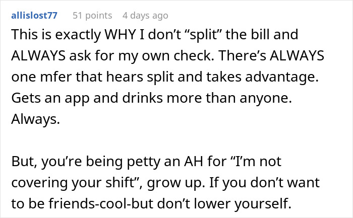 Comment discussing issues with coworkers agreeing to split the bill, with one backing out after dining.