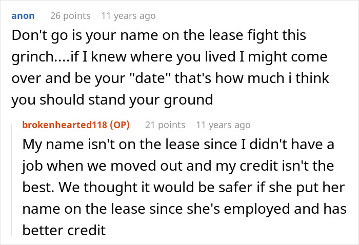 Conversation about ex fiance and lease issues in a Valentine Day apartment, discussing standing ground and credit concerns.