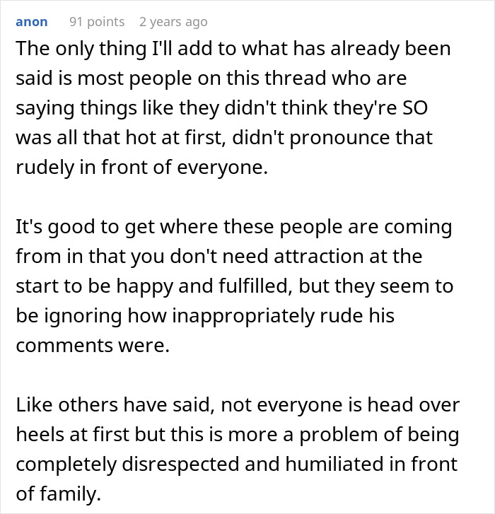 Screenshot of online discussion criticizing man who found wife repulsive on first date and acted disrespectfully in front of family.