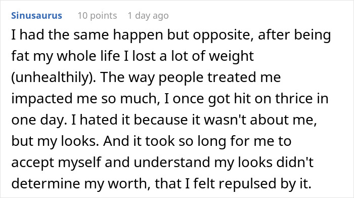 Comment discussing how losing pretty privilege changed personal experiences and self-worth after weight loss.