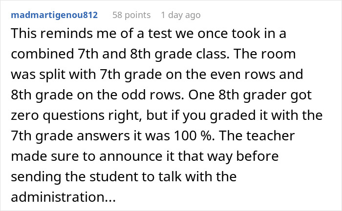 Student shares story about a teacher catching cheaters by handing out 24 versions of the same quiz in a combined class.